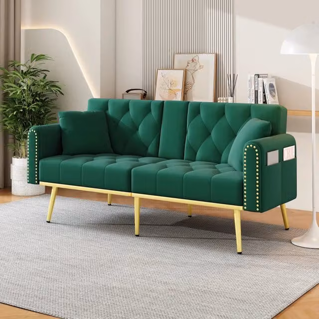 Divano letto REDOM in velluto verde con dettagli oro e schienale regolabile L: 175 cm, P: 80 cm, H: 73,5 cm
