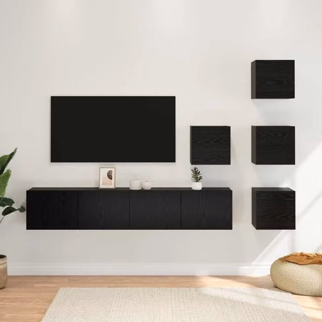 Set mobile TV moderno vidaXL in 6 pezzi, colore nero e marrone, in legno ingegnerizzato MDF per soggiorno, montaggio a parete