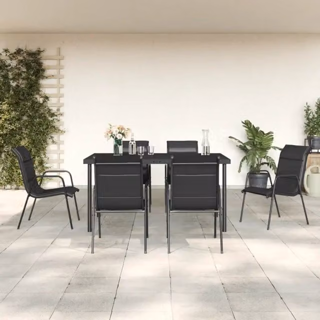 Set da Pranzo da Giardino 7 pz Nero in Acciaio e Textilene 3200699