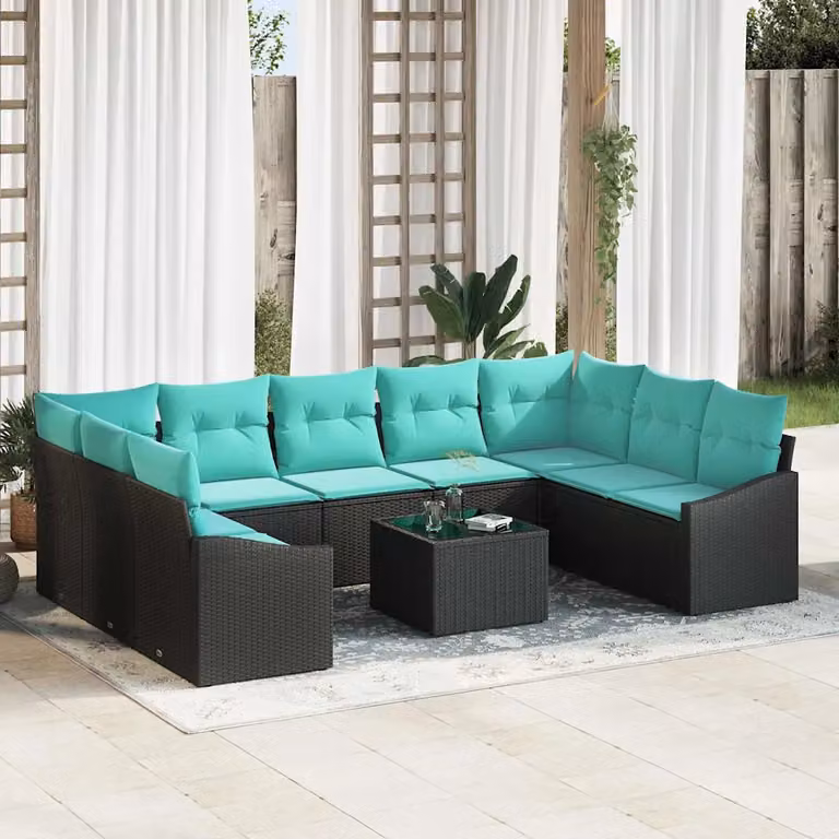 Set di divani da giardino vidaXL a forma di U composto da 10 pezzi in rattan nero e turchese con cuscini inclusi e tavolino da caffè