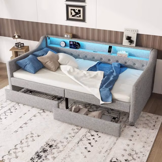 Divano letto singolo 90 x 200 cm con letto estraibile e LED; lino e MDF; beige