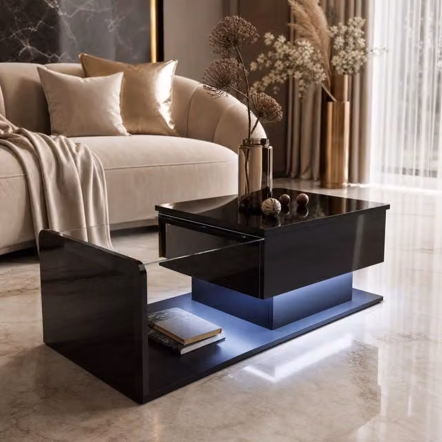 Tavolino basso alzabile con vetro temprato; LED e vani aperti e nascosti nero lucido 100 × 50 × 33/47.5 cm