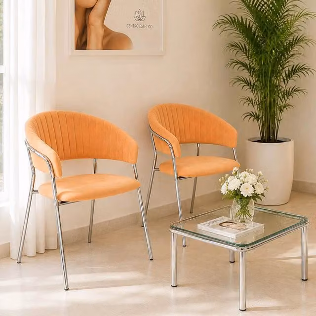 Set da 2 sedie da pranzo Aurelia in velluto arancione con gambe in metallo cromato moderno