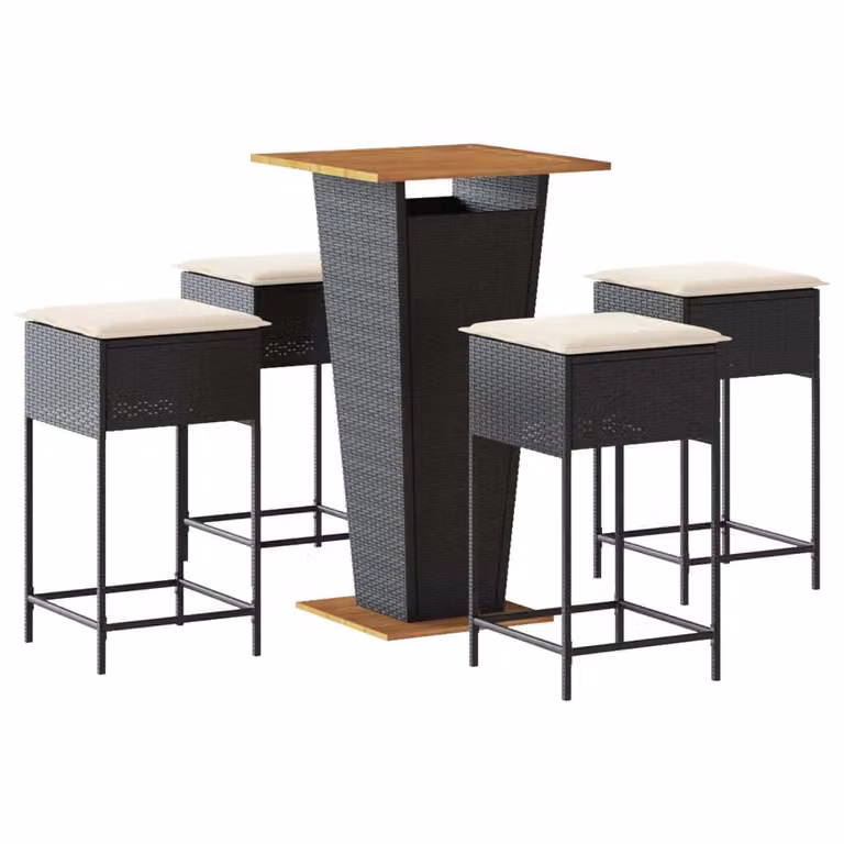 Set Bar da Giardino 5 pz con Cuscini in Polyrattan Nero