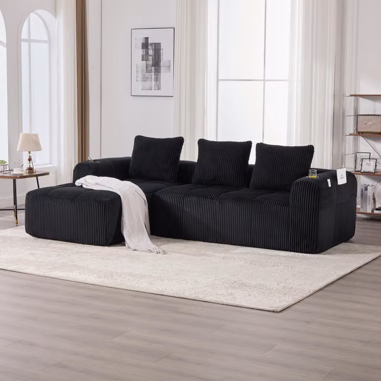 LVHOM Divano componibile con funzione letto, divano angolare con rivestimento in velluto a coste, 3 posti con portabicchieri, divano letto senza montaggio, divano lounge con tasca laterale, nero