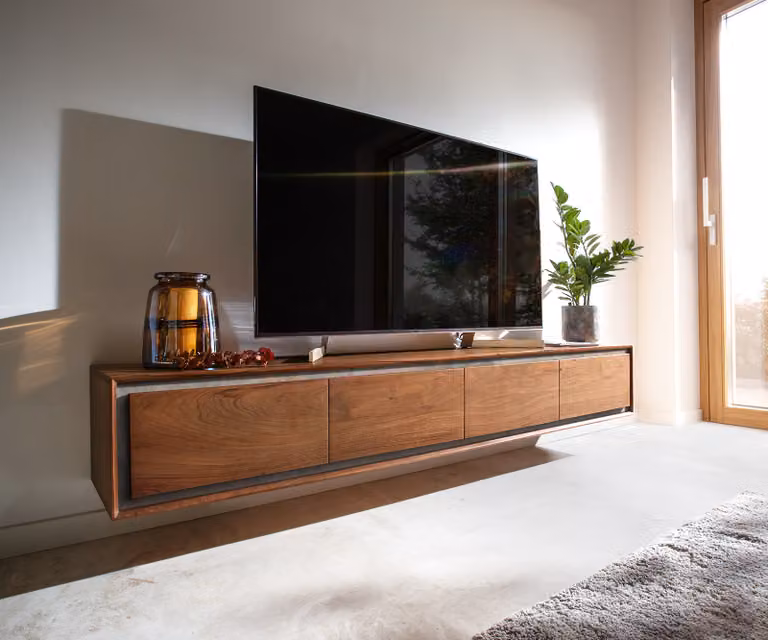 DELIFE Mobile basso Stonegrace, 200 cm, legno di acacia marrone, impiallacciatura effetto pietra, 4 ante, sospeso