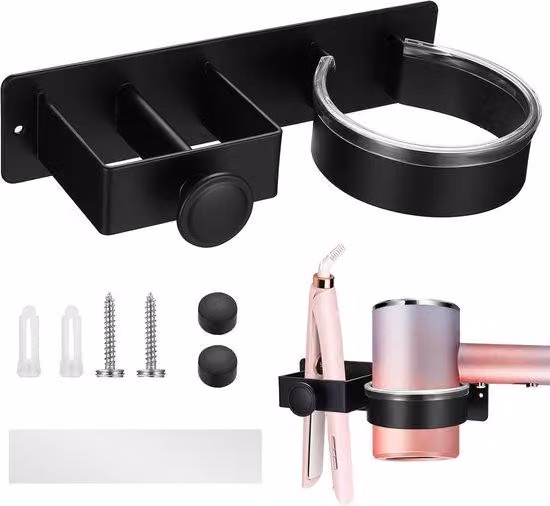 Support per asciugacapelli da parete, senza necessità di foratura, supporto per piastre e altri strumenti per lo styling dei capelli, adesivo, colore nero, ideale per bagni di hotel