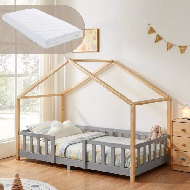 Letto per Cameretta Treviolo a Forma di Casetta in Stile Montessori con Materasso 90x200 cm - Grigio Chiaro/Naturale [en.casa]