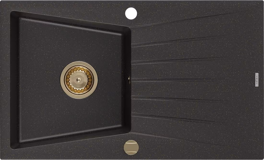 Mexen Cesar lavello in granito a 1 vasca con gocciolatoio 775 x 470 mm, nero/oro metallizzato, sifone oro - 6514771010-75-G