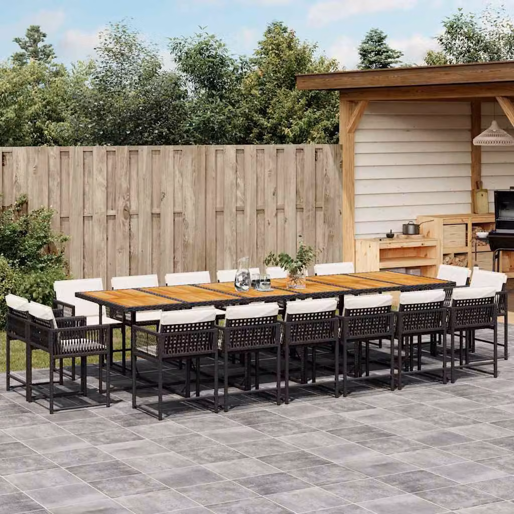 Set da pranzo da giardino vidaXL in polyrattan nero con cuscini e tavolo in legno di acacia, 17 pezzi