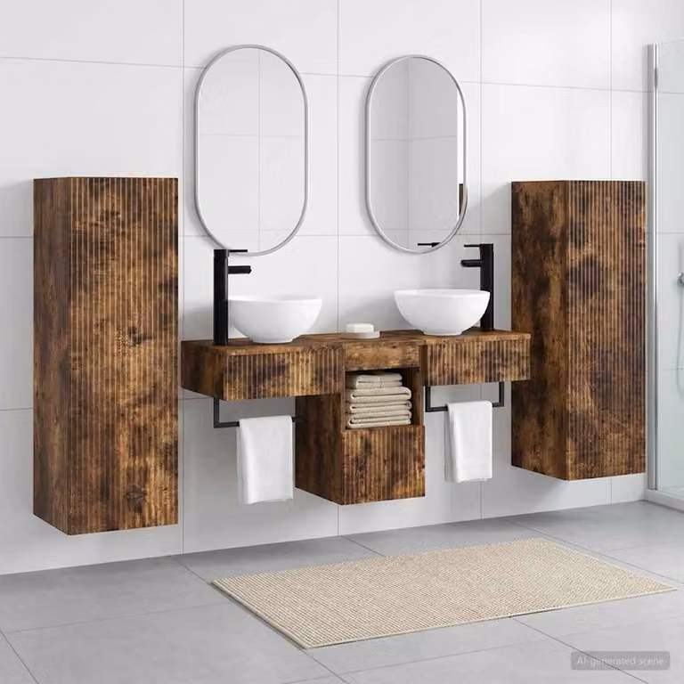 Set di mobili per il bagno moderno vidaXL composto da 5 pezzi in legno marrone opaco, include mobile lavabo e pensile, L/P/H: 33 x 34,5 x 100 cm