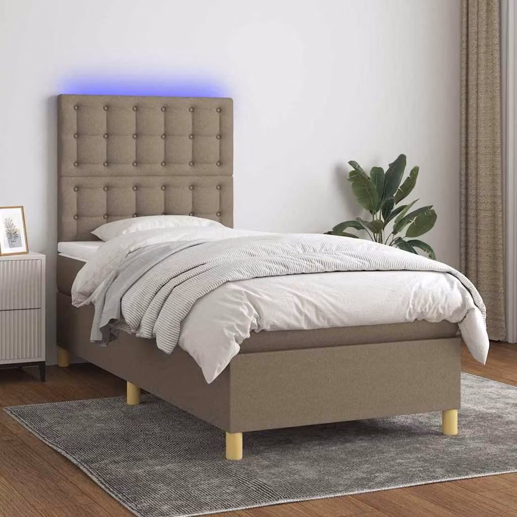 vidaXL Letto a Molle Ibrido con Materasso, Illuminazione LED e Porta USB, Tessuto Tortora, L 80 x P 200 cm
