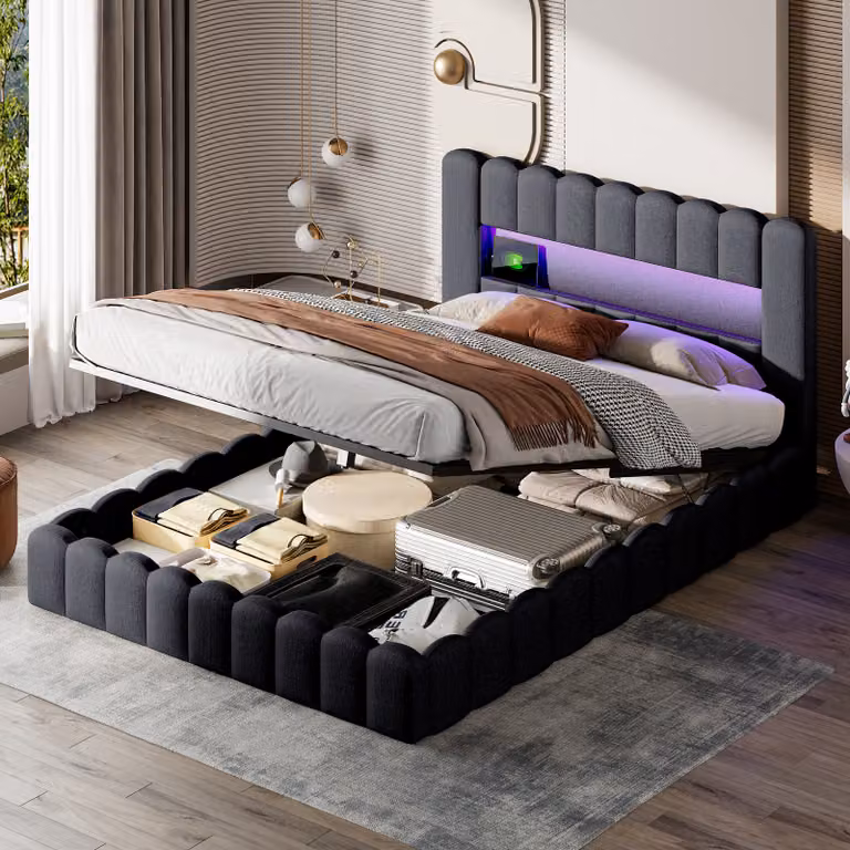 Letto imbottito Fortuna Lai 180x200cm con USB, letto per ragazzi letto matrimoniale con rete a doghe e contenitore, letto contenitore con LED, lino, grigio