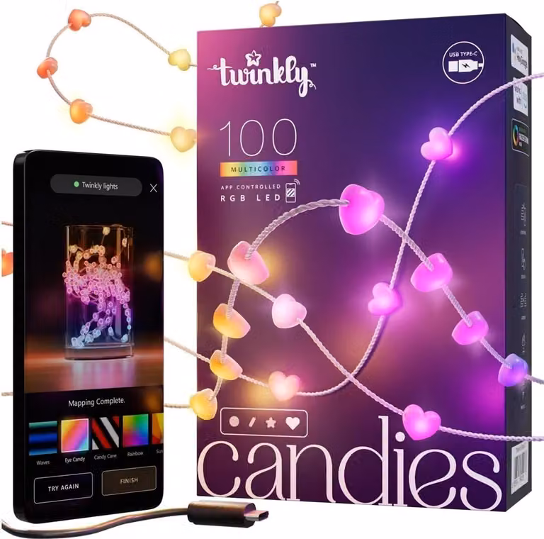 Twinkly Candies – 100 Heart-Shaped RGB LED Lights. Clear Cable. USB-C