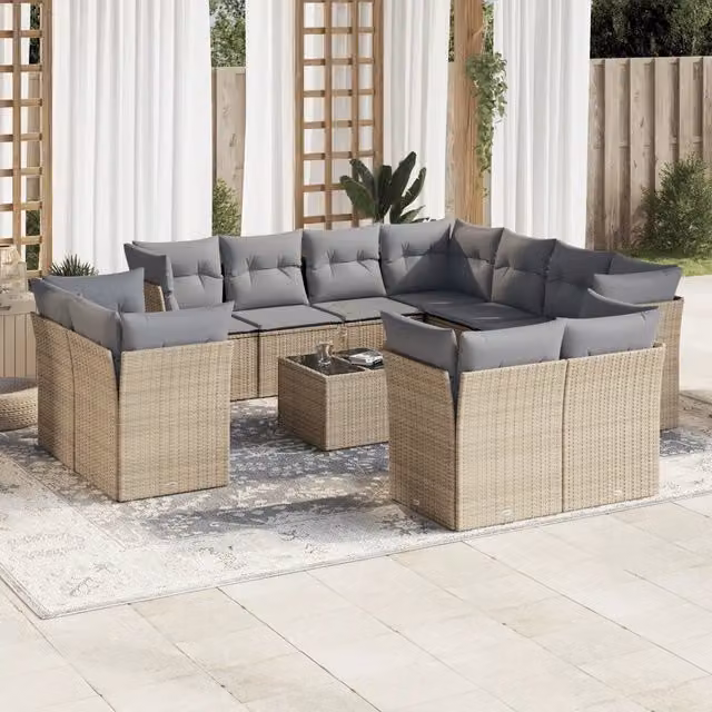 Set di divani da giardino a forma di U VIDAXL in polyrattan con cuscini beige, 12 posti
