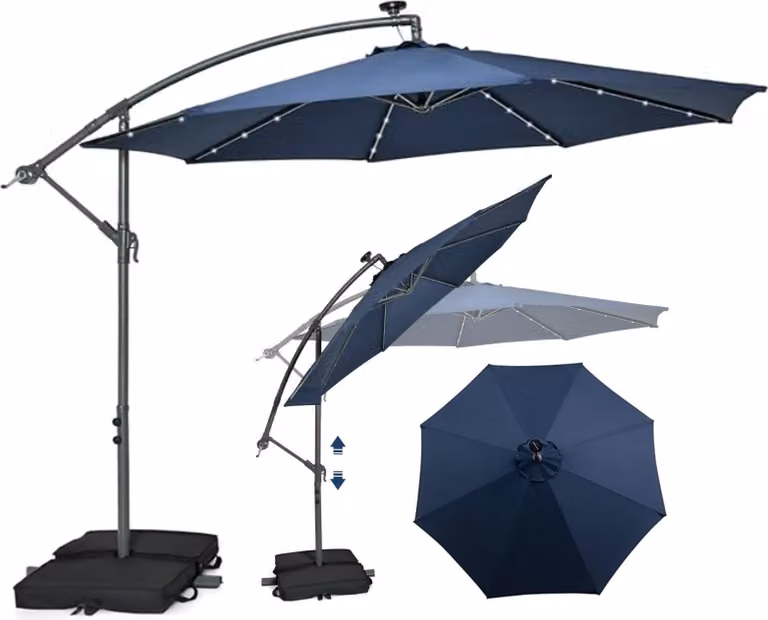 Ombrellone a braccio articolato da 300 cm con illuminazione solare a 40 LED, ombrellone inclinabile con manovella, ombrellone a manovella con base a sacchi di sabbia, ombrellone da giardino con protezione UV (blu)