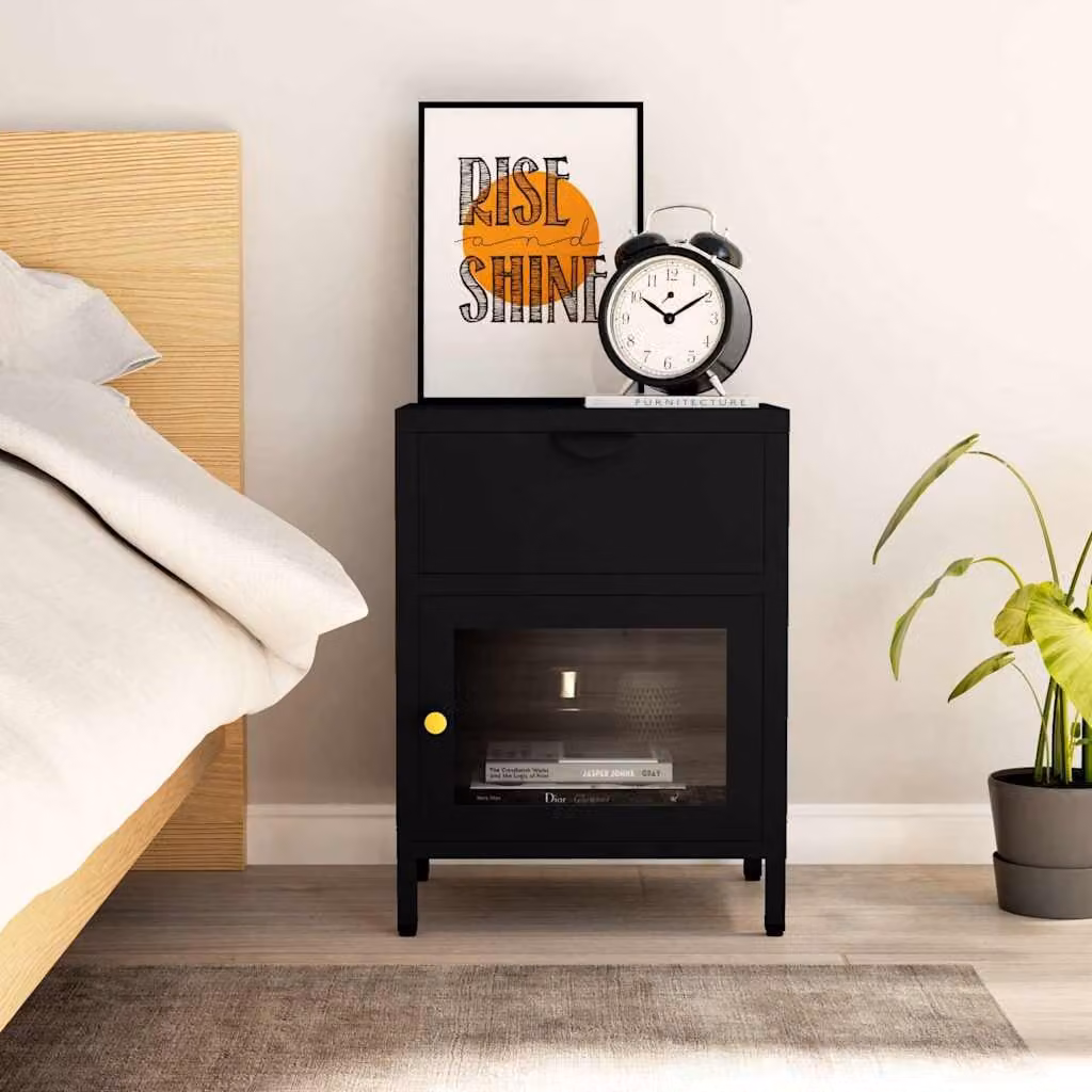 Comodino moderno vidaXL nero in metallo e vetro, sospeso, L: 40 cm, P: 30 cm, H: 54,5 cm