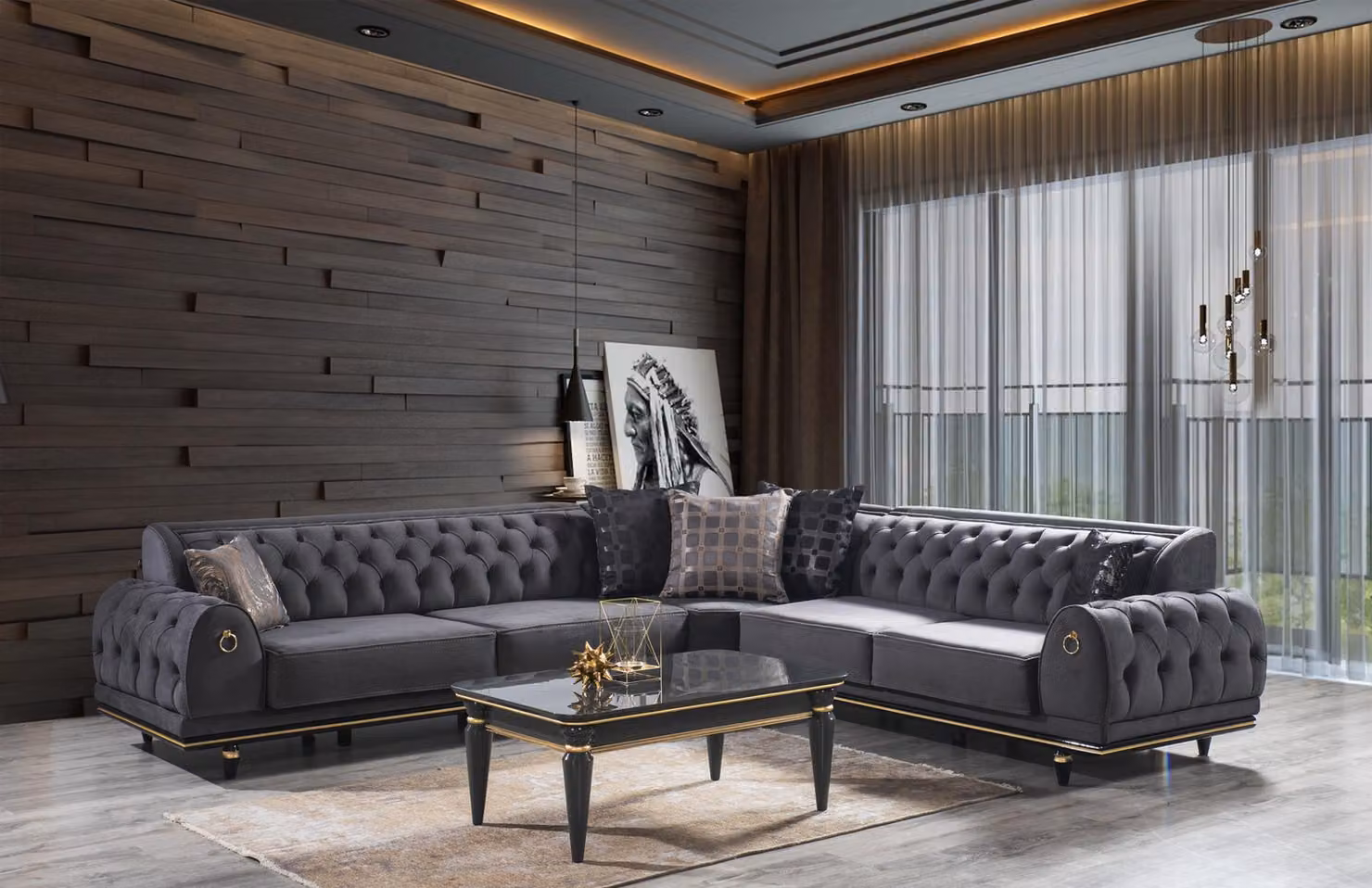 Großes L-Form Ecksofa aus Holz und Textil in modernem Design
