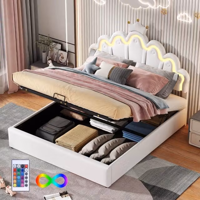 Letto contenitore matrimoniale OKWISH con illuminazione LED sottostante, testiera imbottita e base a sollevamento, bianco, L/P/H: 140 x 200 x 41 cm