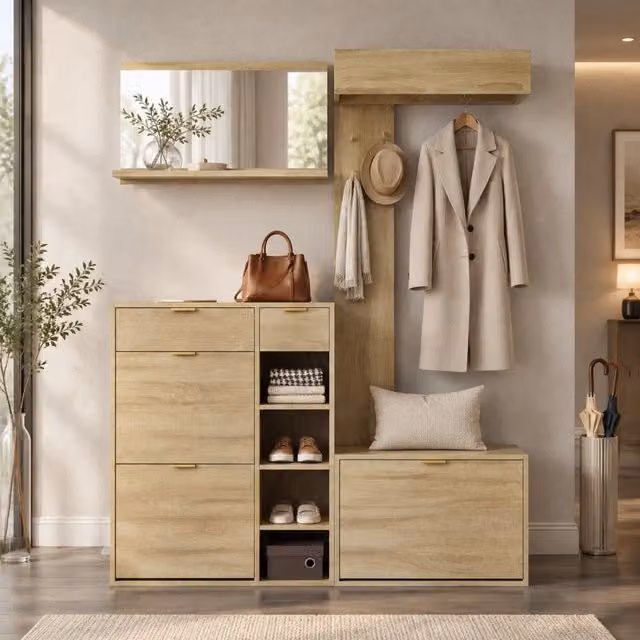 Set guardaroba da ingresso 4 pezzi con scarpiera; panca e specchio 130x30x174 cm naturale