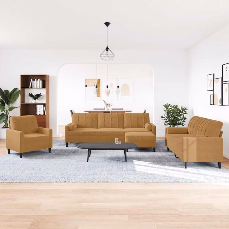 Set di divani moderno vidaXL in velluto marrone composto da divano a 3 posti, divano a 2 posti e pouf con cuscini e struttura in metallo