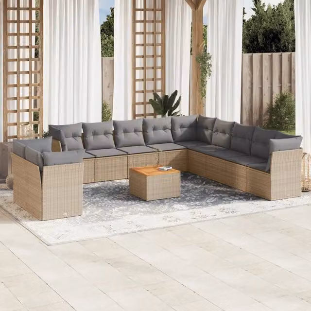 Set Divano da Giardino a Forma di U vidaXL in Polyrattan con Cuscini Beige e Grigio e Tavolino da Esterno – 1