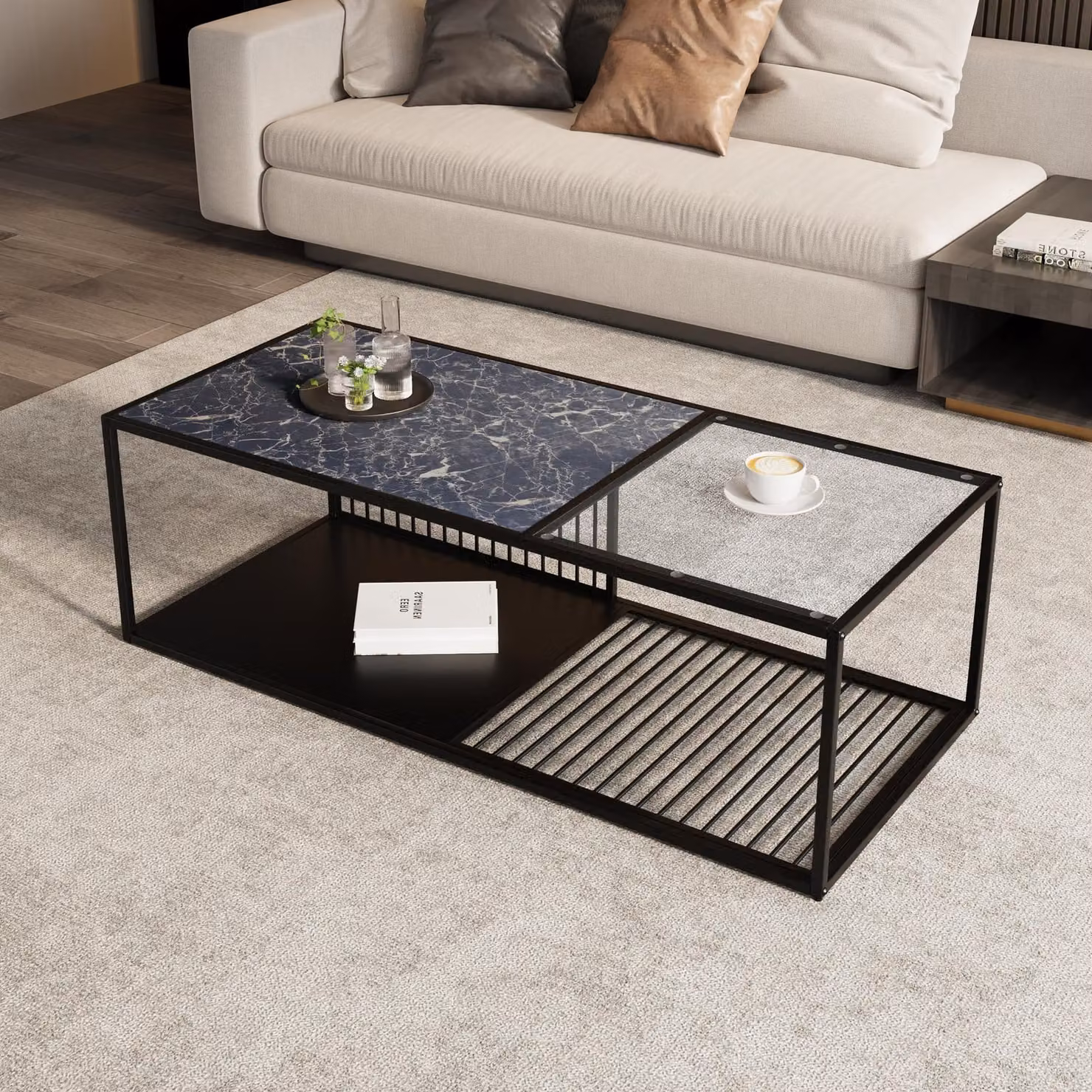 Tavolino da caffè, 110 cm x 48 cm x 35 cm, tavolino in ferro battuto con piano in vetro e ampio spazio di archiviazione - nero