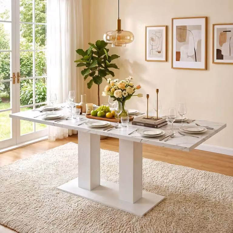 Tavolo da pranzo allungabile Flieks, adatto per 6-8 persone, forma rettangolare, dimensioni 140-180 x 70 x 75 cm, piano rinforzato, bianco