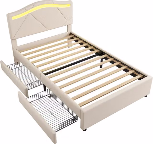 Letto imbottito beige 90x200 cm con rete a doghe, LED integrati e due cassetti, testiera regolabile in lino e MDF