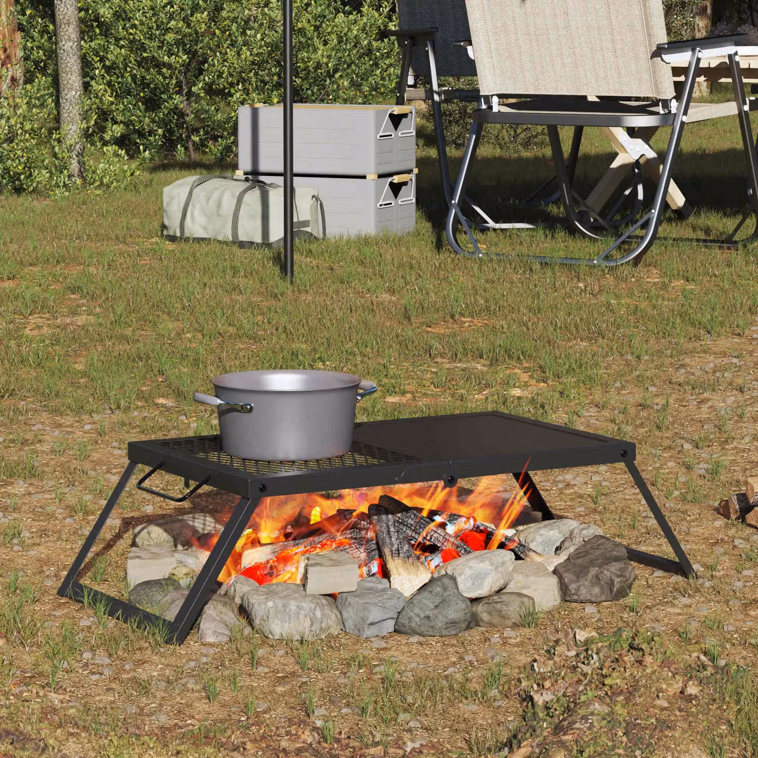 Griglia da campeggio pieghevole vidaXL in acciaio e plastica, colore nero, L: 68 cm, P: 30 cm, H: 17 cm