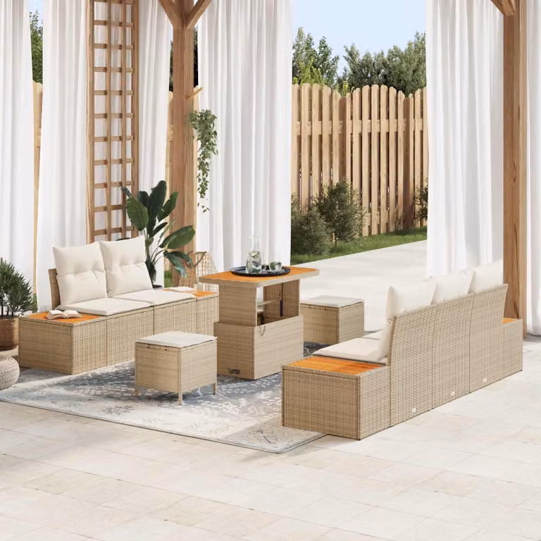 Set Divano da Giardino vidaXL 8 Pezzi Beige con Cuscini e Tavolino da Esterno