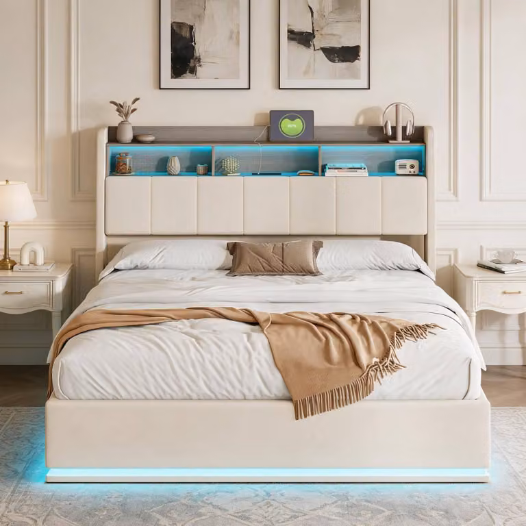 Letto imbottito INONEFT, 160x200 cm, con struttura a molle e spazio contenitore ad apertura idraulica, letto per ragazzi con illuminazione a LED e prese USB, rivestito in velluto, color beige