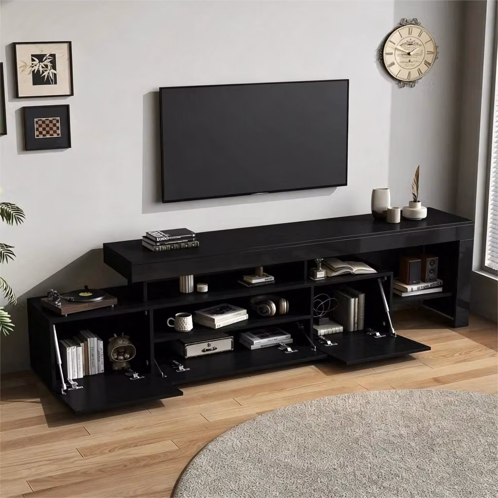 Mobile TV Minimal con illuminazione LED integrata in nero lucido per schermi fino a 85 pollici L: 192 cm, P: 37 cm, H: 53 cm – 2