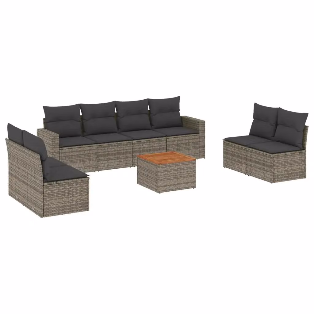 vidaXL Set Divano da Giardino 9 pz a forma di U in Polyrattan Grigio con Cuscini e Tavolino – 2