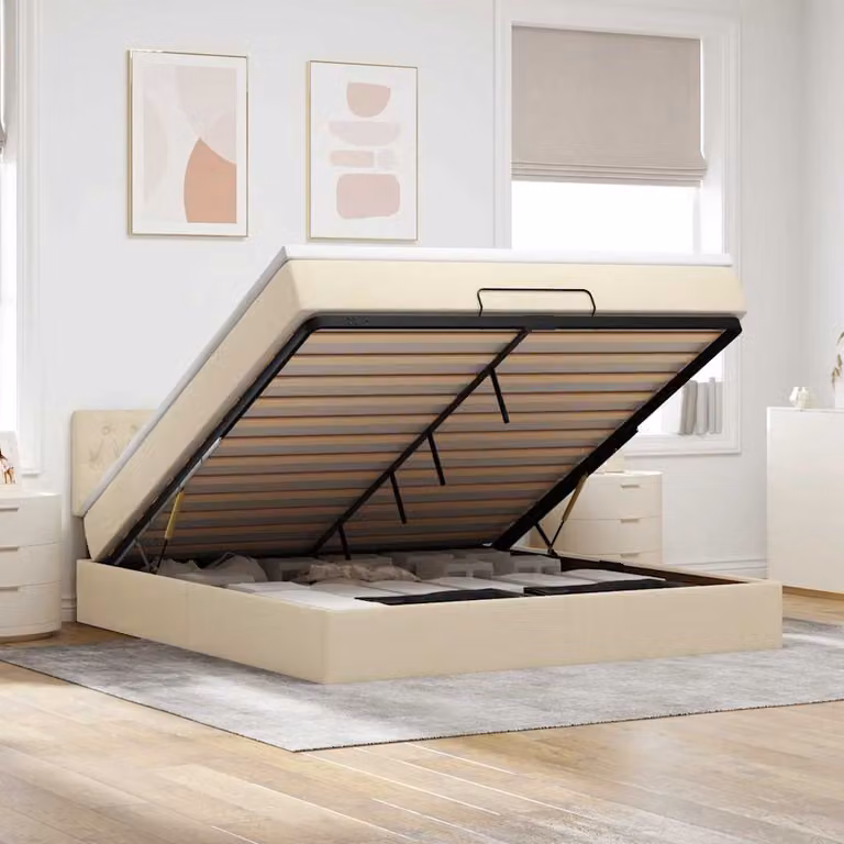 Letto con contenitore e materasso vidaXL in tessuto beige e bianco, L/P/H: 203 x 160 x 88 cm