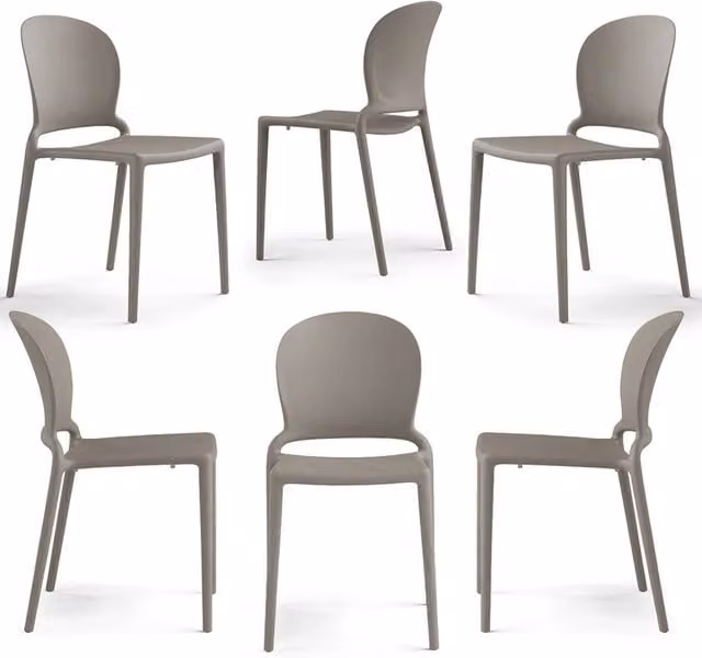 Set 6 sedie in polipropilene JASMINE, impilabile, resistente ai raggi UV, design moderno, ideale per sala da pranzo, cucina, sala d’attesa, bar, ristoranti o giardino colore Tortora