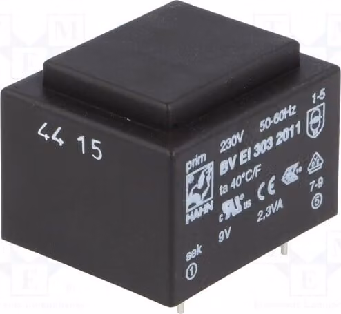 1 trasformatore: rivestito, corrente nominale 255mA, tensione 230VAC, potenza 2,3VA, uscita 9V. Montaggio: BV EI 303, standard 2011