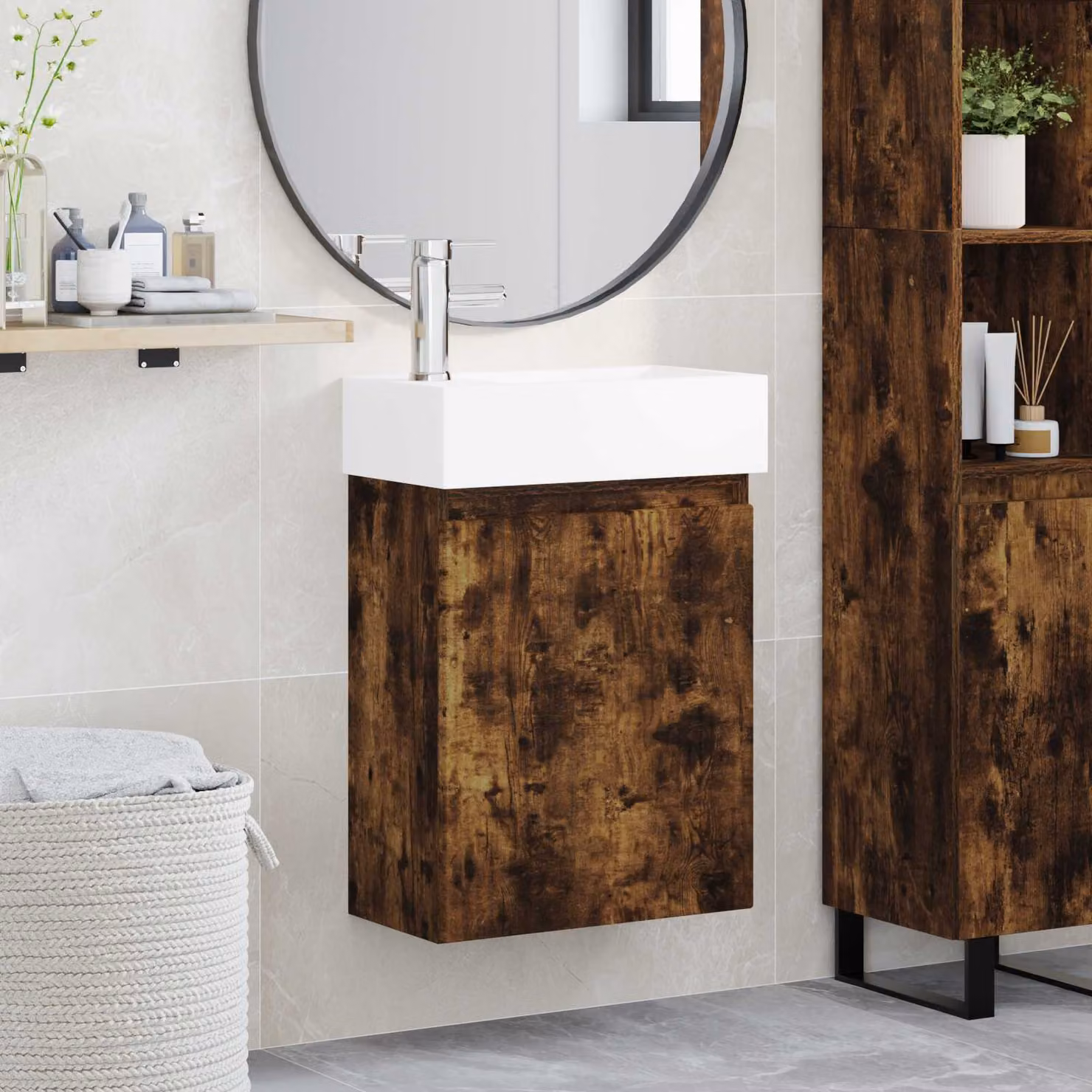 Mobile bagno con rubinetto vidaXL in Rovere Fumo, L: 45,5 cm, P: 22,5 cm, H: 84 cm