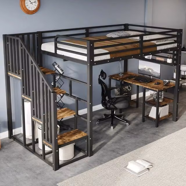 Letto a soppalco per bambini 120 × 200 cm con scrivania, scala con corrimano e mensole, senza materasso