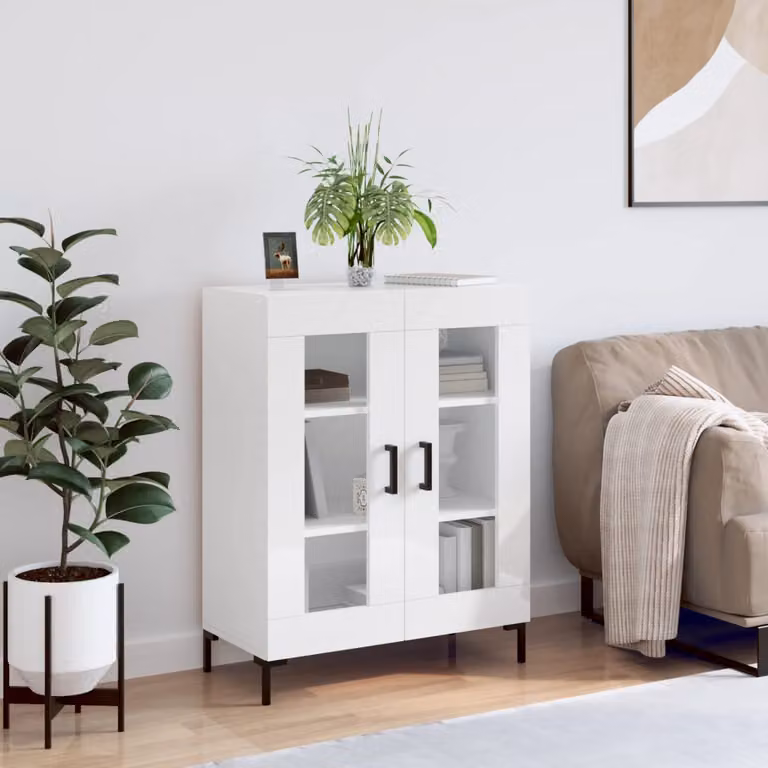 Credenza vidaXL in legno e metallo bianco lucido L: 69,5 cm, P: 34 cm, H: 90 cm
