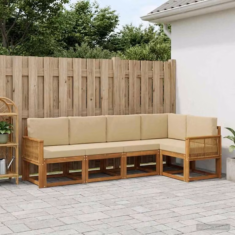 Set di divani da esterno vidaXL a forma di L composto da 5 pezzi in legno di acacia con cuscini beige e marrone