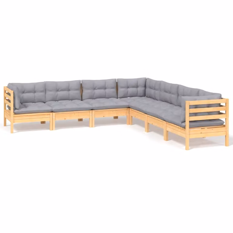Set Divani da Giardino 7 pz con Cuscini Grigi Massello di Pino