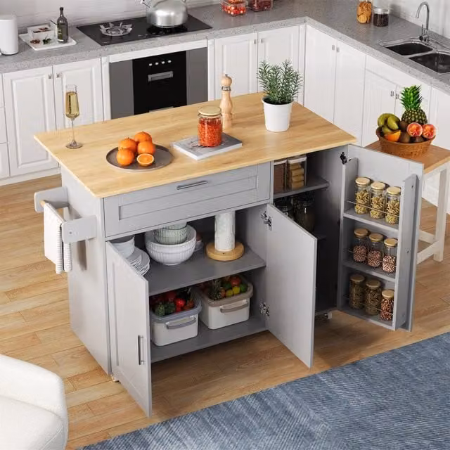 Carrello da cucina con piano pieghevole, 2 ante, cassetto e ripiani regolabili, MDF grigio, 132.5 × 44(70) × 90 cm