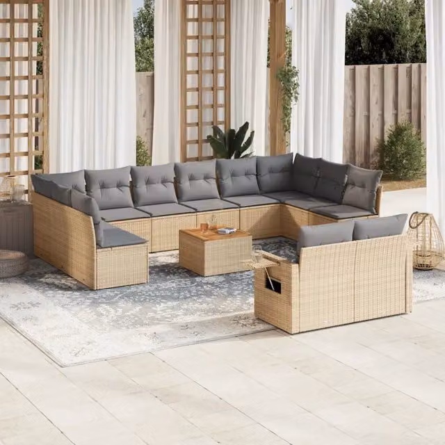 Set Divano da Giardino a Forma di U vidaXL in Polyrattan con Cuscini Beige e Grigio, 13 Pezzi – 1