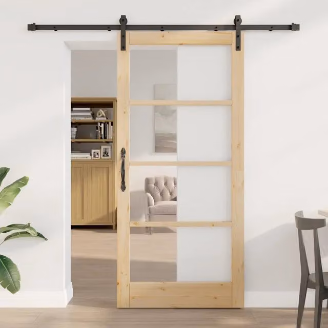 Porta scorrevole moderna vidaXL in legno e vetro, colori Naturale e Nero, L: 93 cm, H: 202 cm – 1