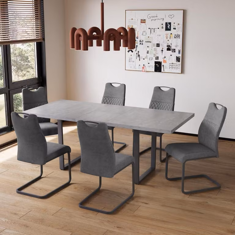 Tavolo allungabile con 6 sedie, struttura in MDF grigio, dimensioni 130-170 cm