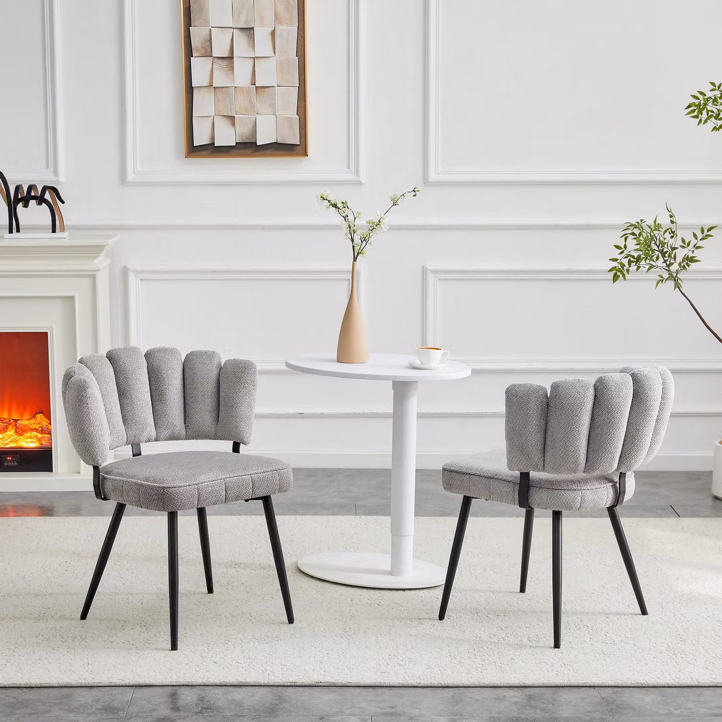 2 sedie da pranzo in stile minimalista europeo, con schienale a forma di fiore e rivestimento in velluto. Velluto strutturato color grigio chiaro e gambe in metallo nero, alte 80 cm, ideali per il soggiorno o la sala da pranzo. Colori: nero, grigio
