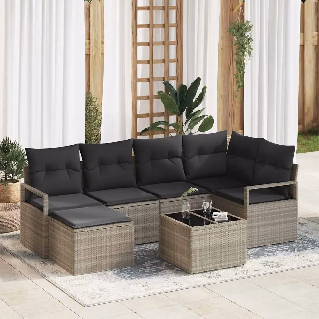 Set di divani da giardino vidaXL a forma di U composto da 7 pezzi in rattan grigio con struttura in acciaio e cuscini inclusi – 1