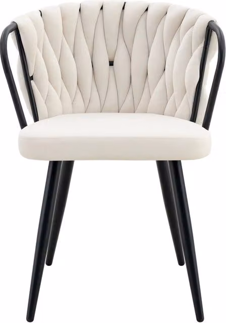 Sedia da pranzo ergonomica in velluto beige con schienale intrecciato e gambe in metallo nero opaco
