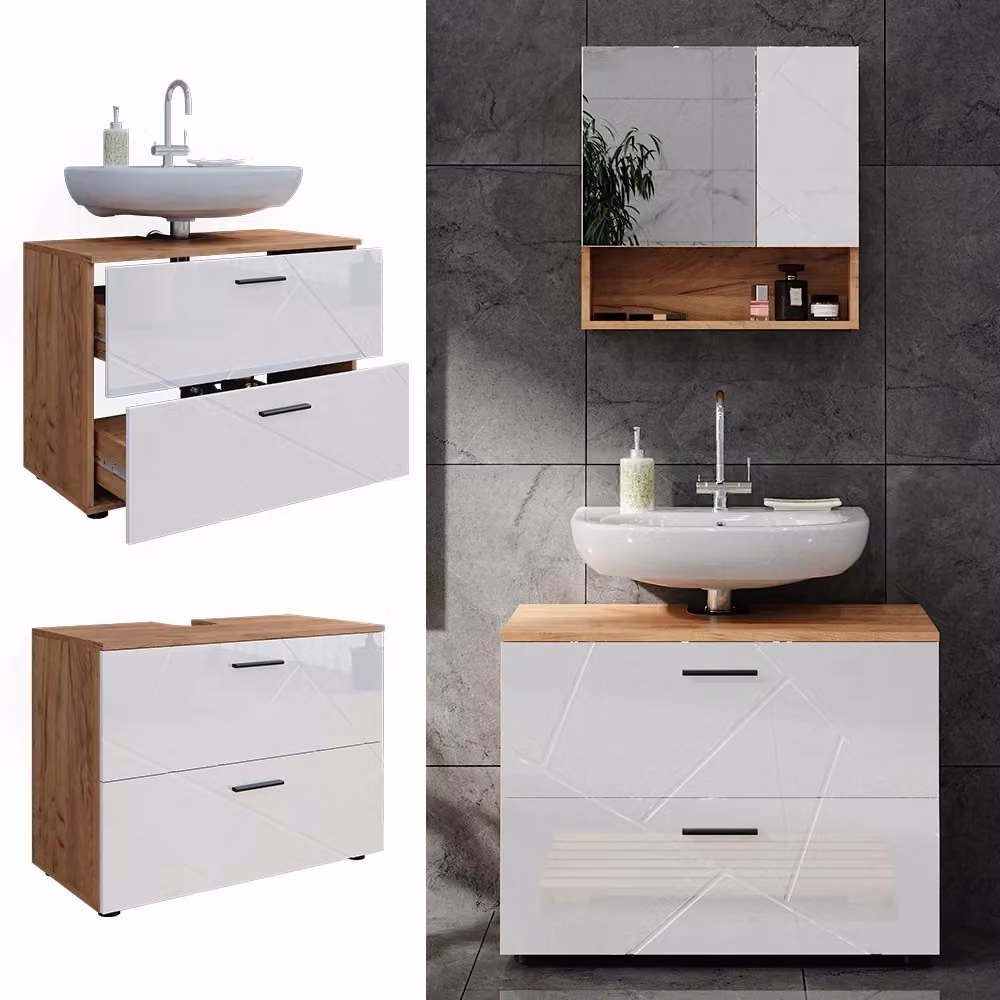 Mobile sottolavabo per bagno Irma Vicco Bianco lucido e Rovere dorato L: 80 cm, P: 58.6 cm – 2